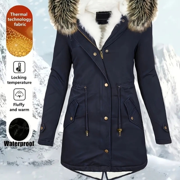 Women's Navy Parka with Faux Fur Trim Size Lg Coat Is Very Nice And comfy - Picture 3 of 5